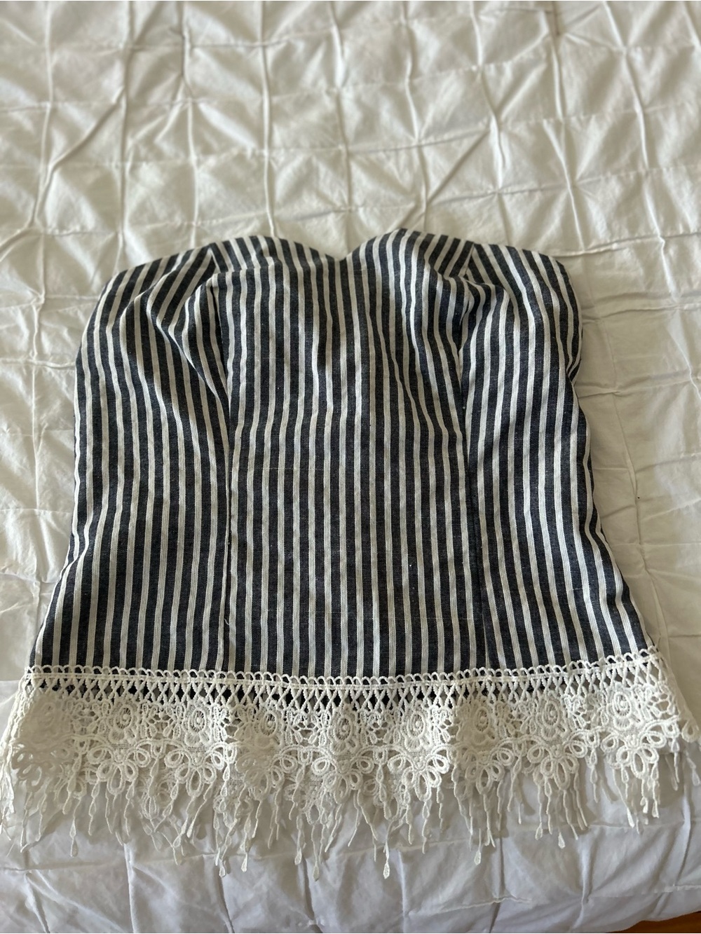 Striped Strapless Top with Lace Trim - Navy & White